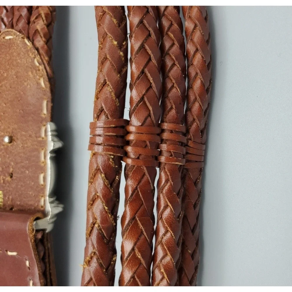 VTG The Limited Western Brown Leather Braided Women Small Belt Silvertone Buckle